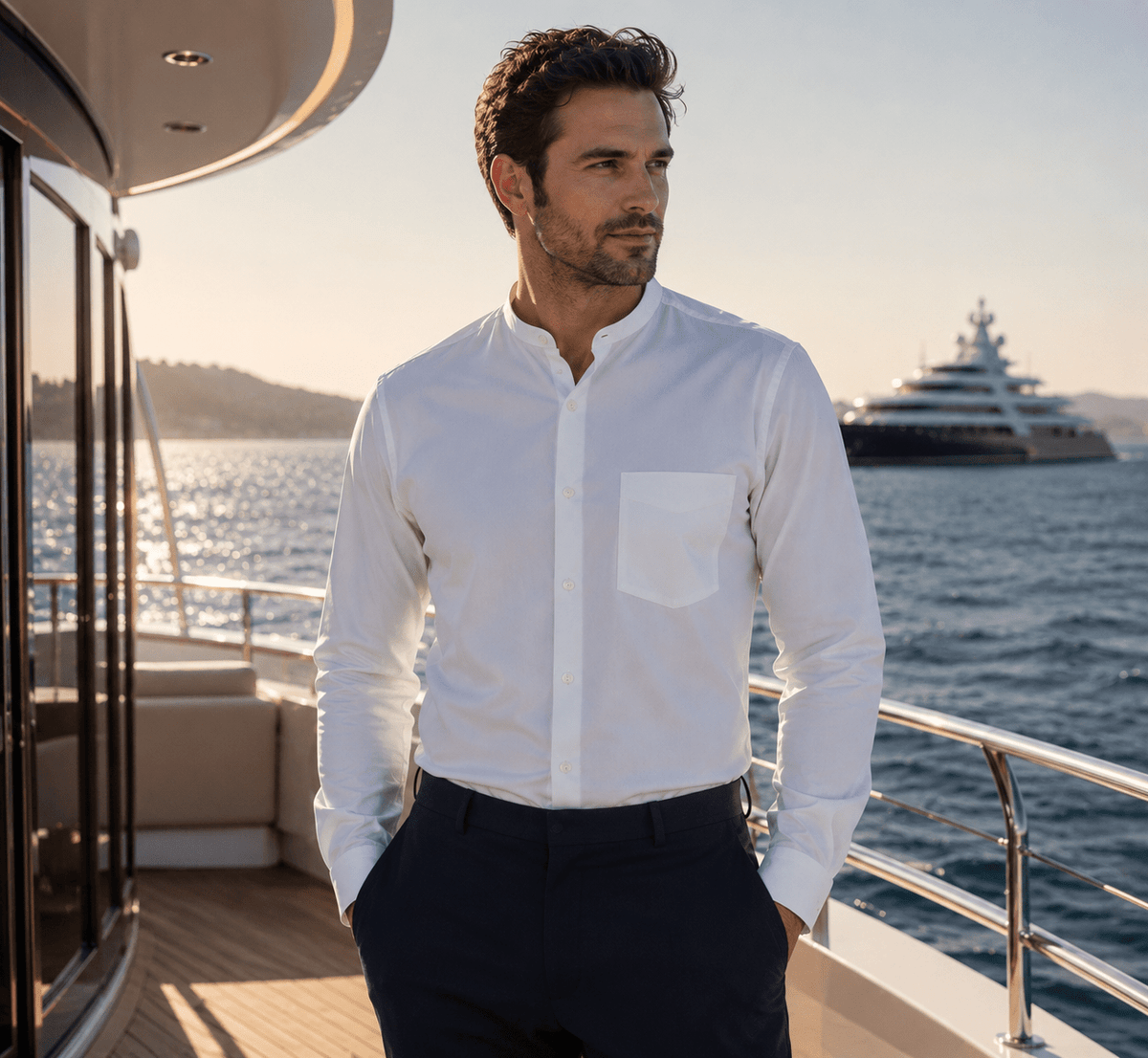 Men's Long Sleeve Mandarin Collar Shirt - Marina Yacht Wear