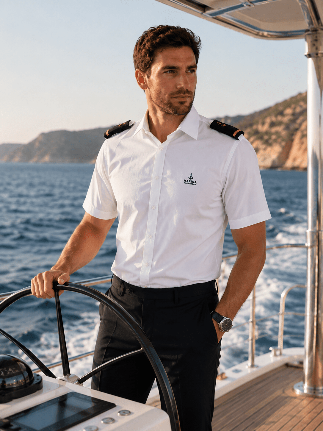 Men’s Short Sleeve Elegance Dress Shirt with Shoulder Tabs - Marina Yacht Wear